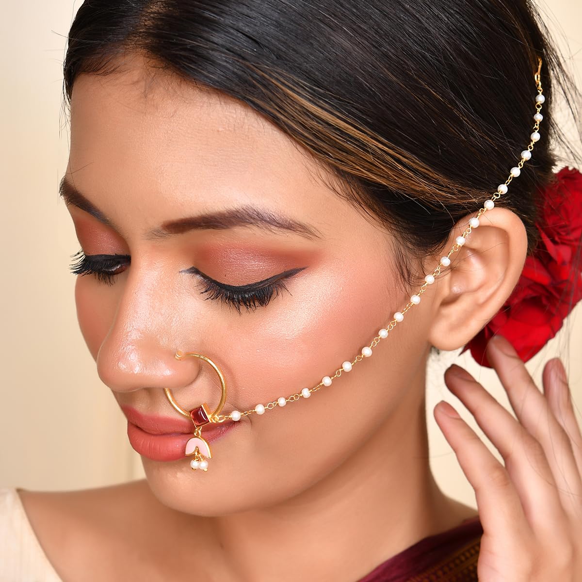 Pink Enamel Tulip Non-Piercing Nose Ring